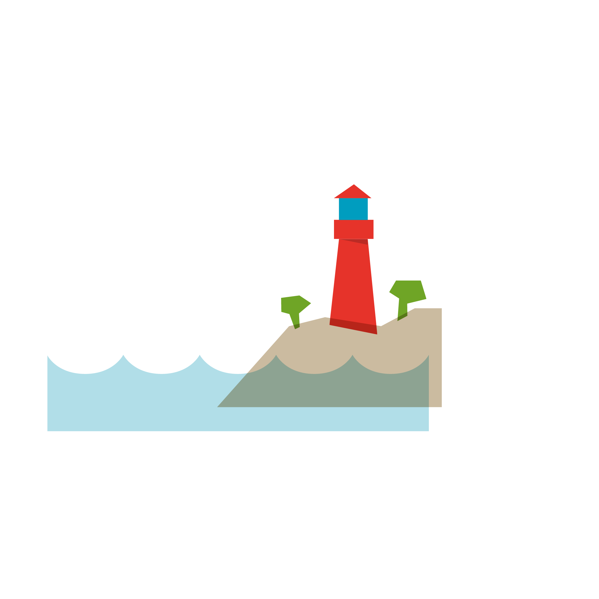 Eine Grafik: ein Leuchtturm an einem Strand am Wasser