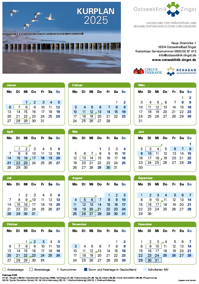 Der Kurplan 2025 der Ostseeklinik Zingst: ein Jahreskalender mit markierten Terminen.