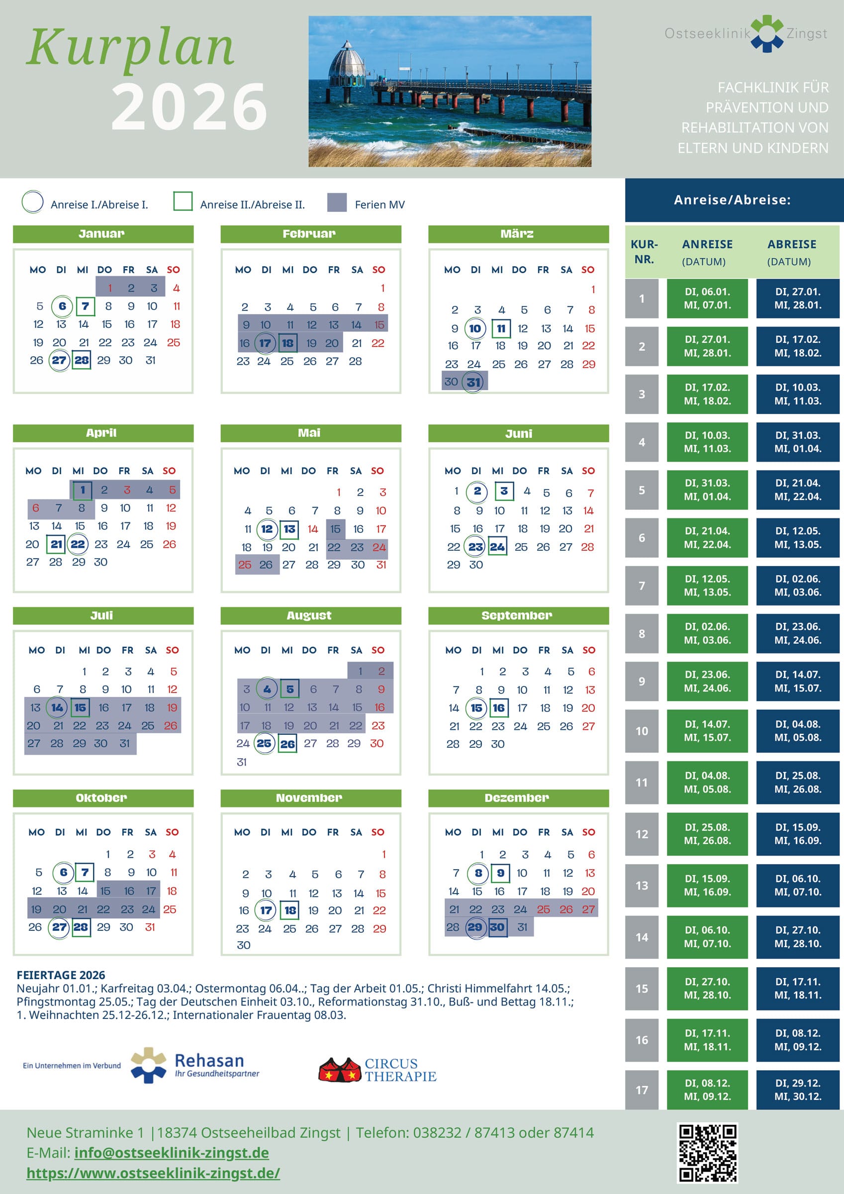 Der Kurplan 2026 der Ostseeklinik Zingst: ein Jahreskalender mit markierten Terminen.