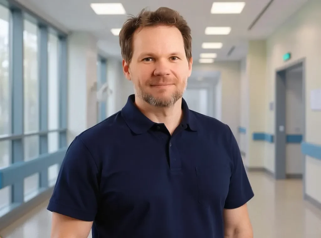 Portraitfoto eines freundlichen, 35 Jahre alten Mannes. Die Person hat einen ruhigen, freundlichen Gesichtsausdruck. Unscharf im Hintergrund: ein Flur und Aufenthaltsbereich einer Klinik mit hellen Wänden, großen Fenstern und blauen Geländern.