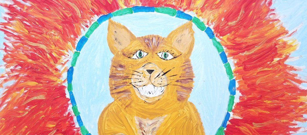 Gemaltes Portrait einer Katze in einem Kreis, der von roten, groben Pinselstrichen umgeben ist, die ein wenig an Feuer erinnern.