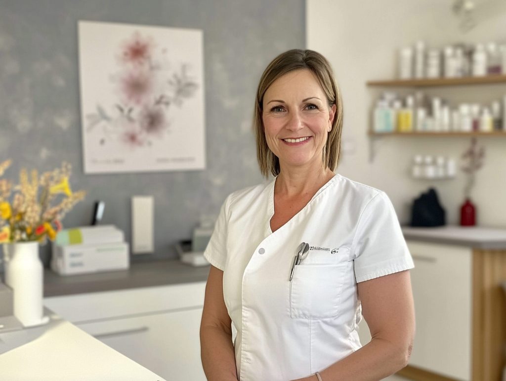 Eine freundliche Psychologin steht in einem hellen Behandlungszimmer und lächelt.