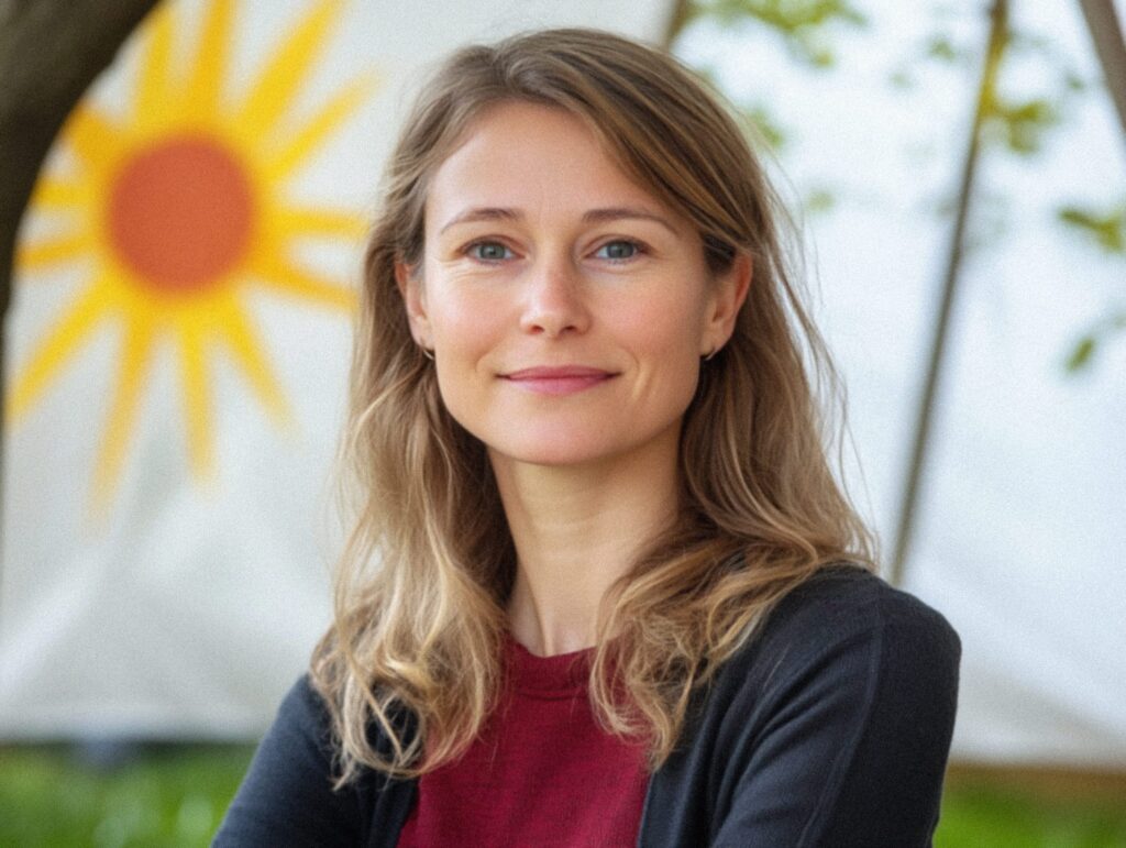 Portrait einer freundlichen Sozialpädagogin oder Sozialarbeiterin, im Hintergrund sind unscharf die Zeichnung einer Sonne zu erkennen.