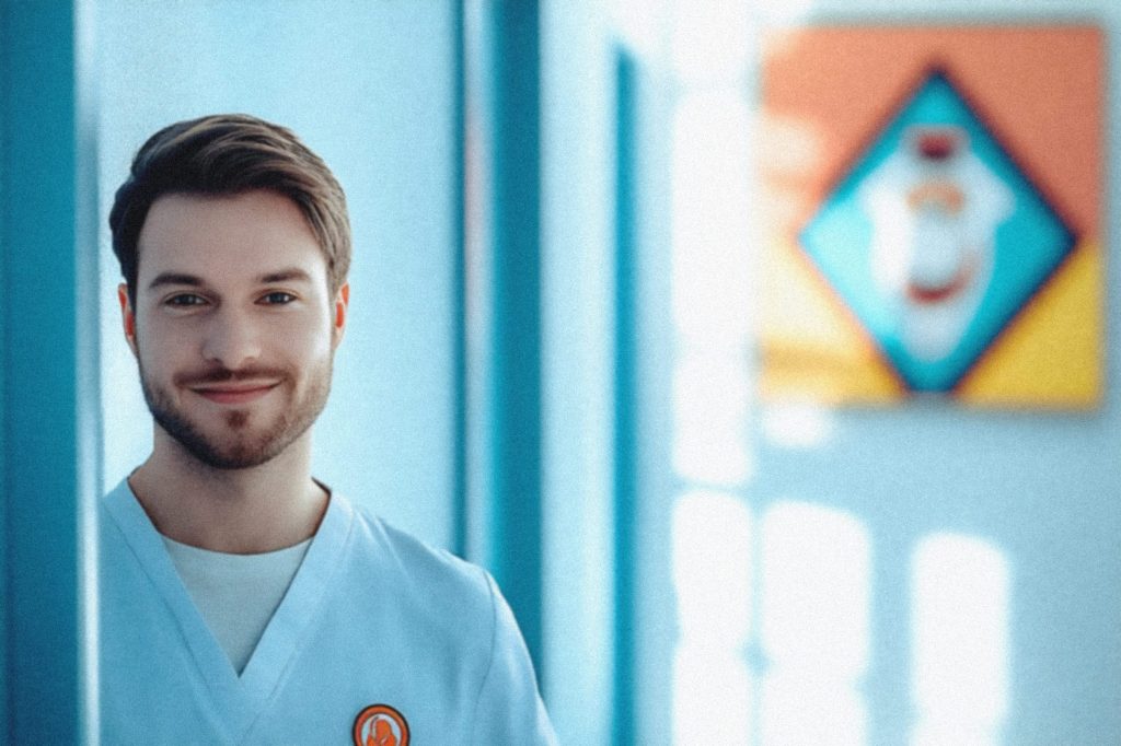 Portrait eines freundlich schauenden, jungen Krankenpflegers auf dem Flur einer Klinik